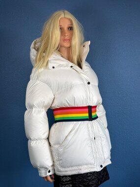 Perfect Moment 700 Goose Down White Ski Jacket Striped + White Belt Medium